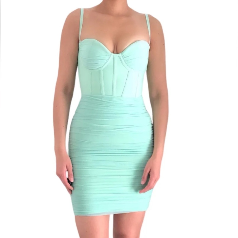 LINLAN Sexy Elegant Ruched Bodycon Mini Club Party Cocktail Dress Sz Small Teal
